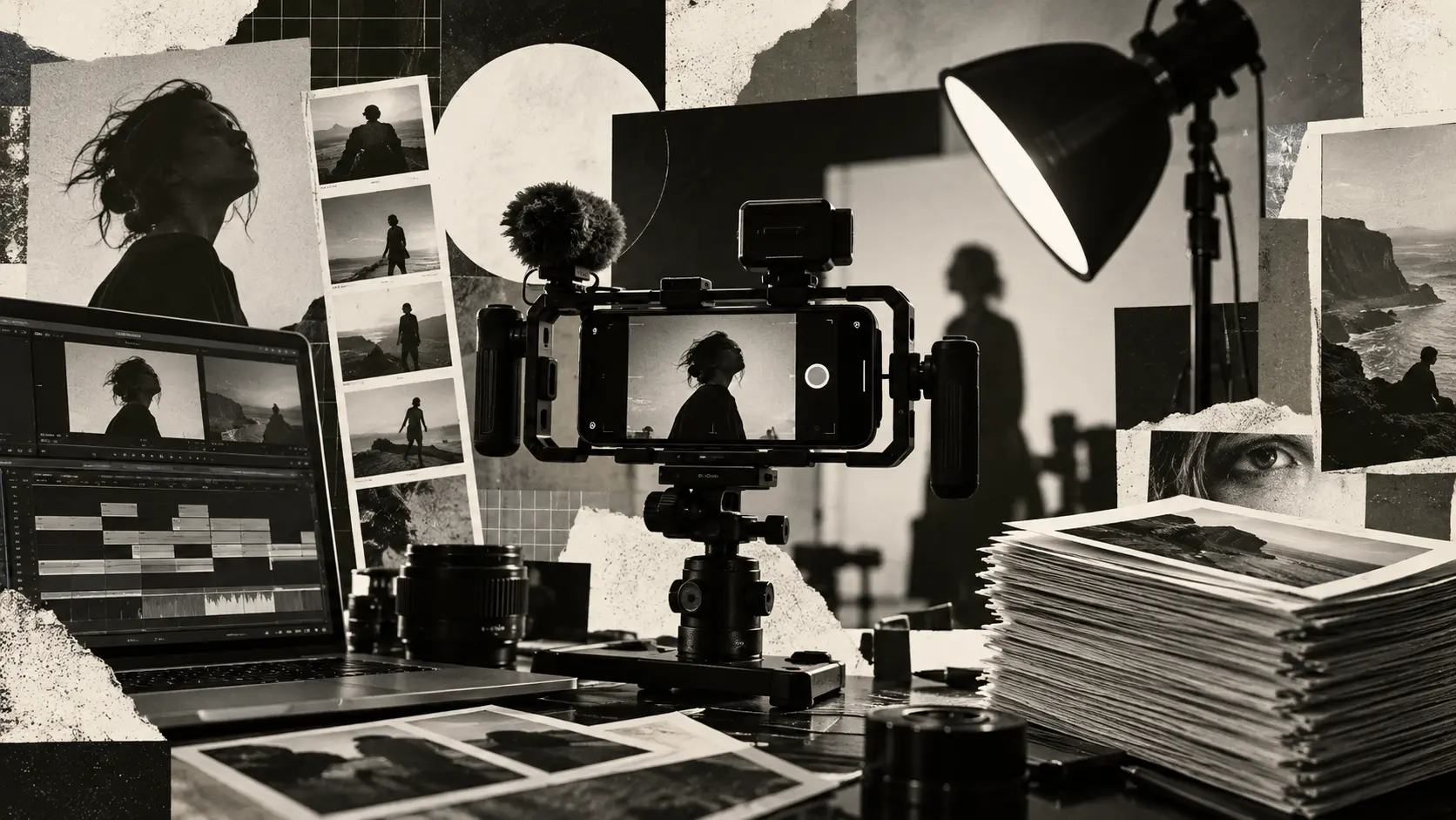 Editorial collage of a creator production system with a camera rig, editing timeline and printed frames