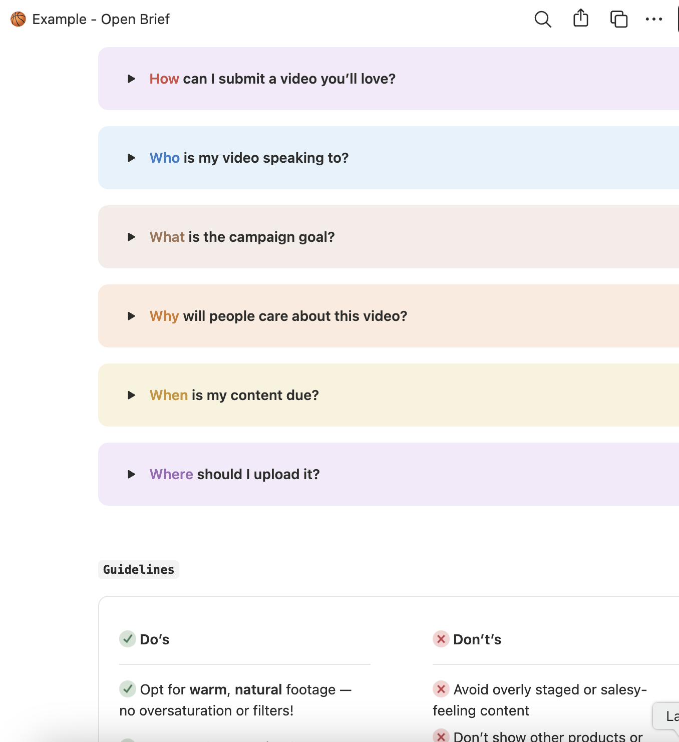Example open brief — the question-based brief format used to cast and brief creators for performance creative